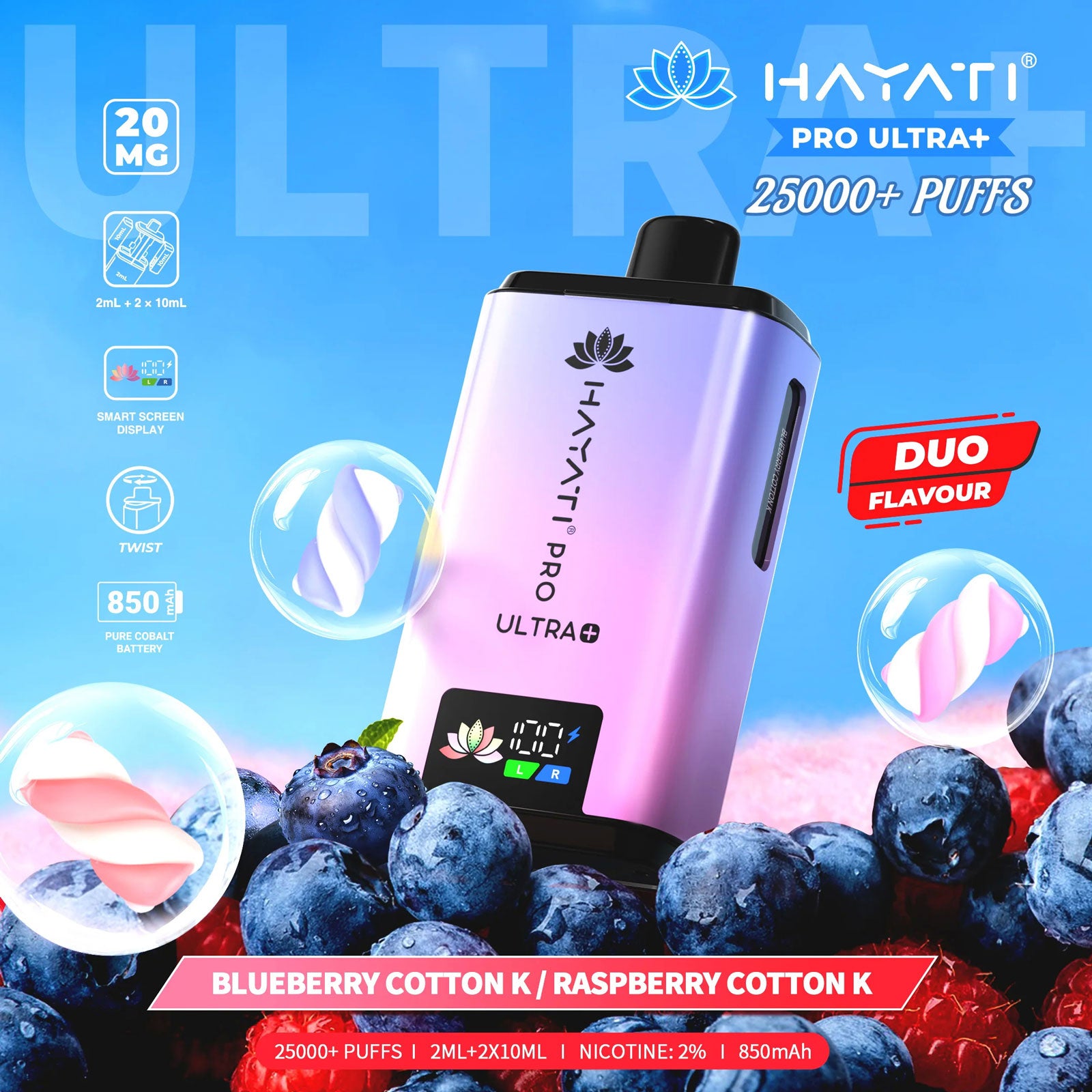 Hayati Pro Ultra Plus 25000 Prefilled Pod Kit Blueberry Cotton K / Raspberry Cotton K